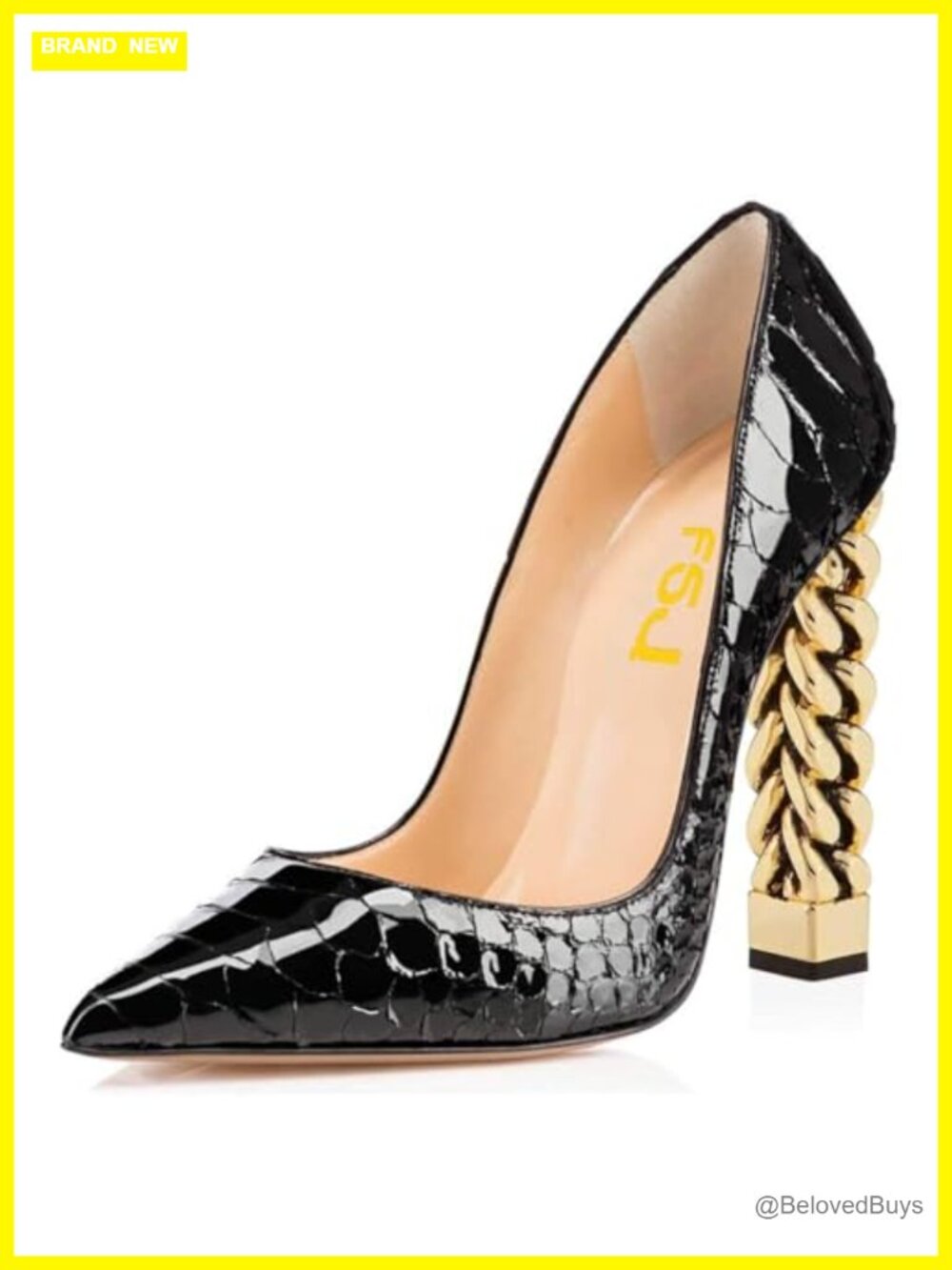 FSJ Women Gold Metal Chain Chunky High Heel Pointed Toe Slip On Party Prom Pumps